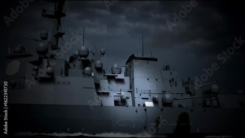 Navy warship equipped with directed-energy weapons and radar systems, under dramatic lighting