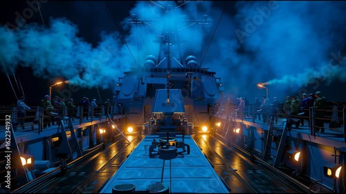 Military and naval forces equipped with directed energy weapons and radar systems, under a dazzling display of lights.