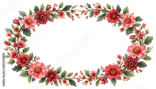 Elegant Oval Floral Frame with Red and Pink Flowers.
