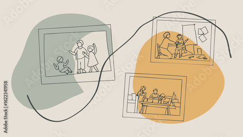 Illustration of family interactions captured in artistic frames, showcasing joyful moments and creativity.