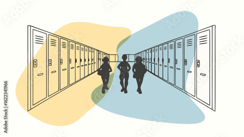 Three students walk through a school hallway lined with lockers, embodying camaraderie and youthful energy.
