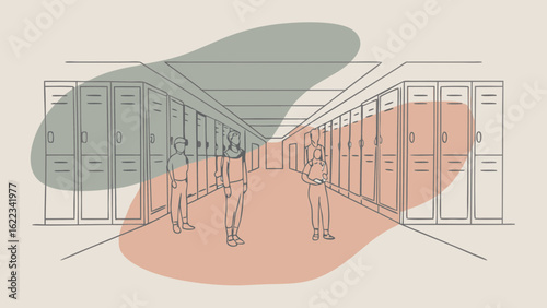 Three students in a school hallway with lockers, reflecting a casual and social atmosphere.