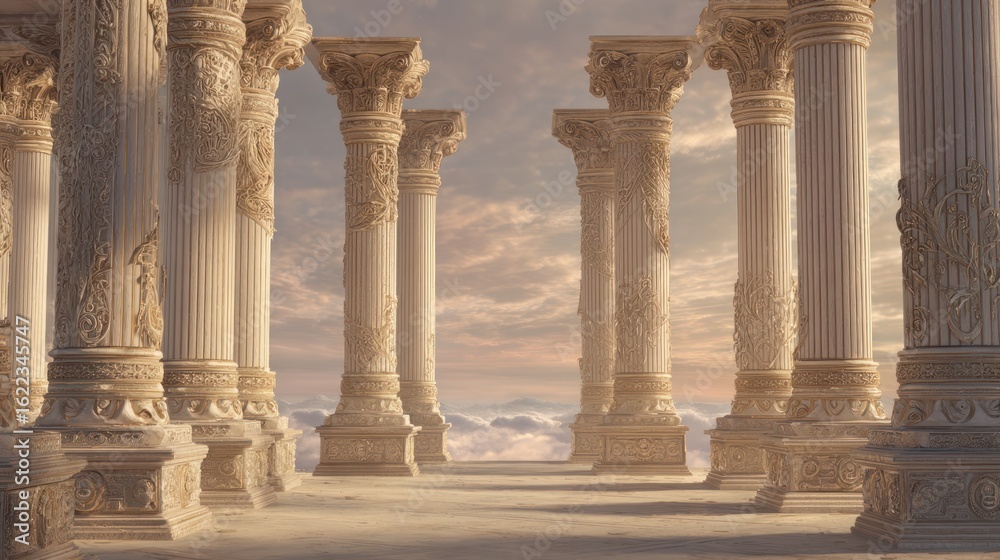 Fototapeta premium Ornate classical colonnade receding into soft light and clouds, rendering an ethereal space