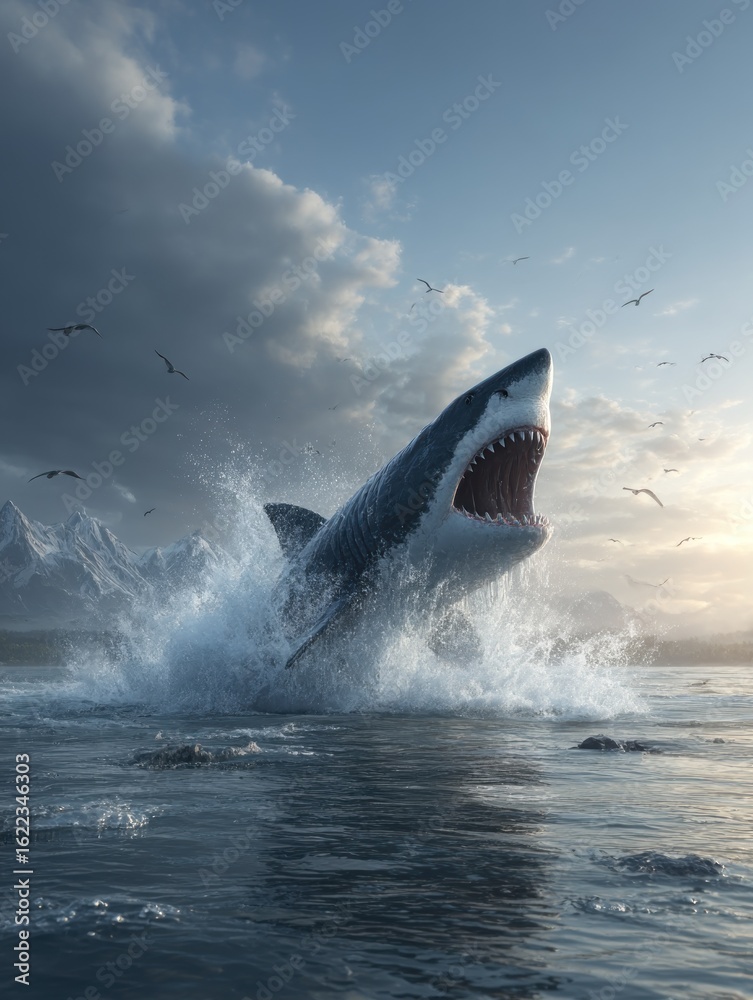 Fototapeta premium Powerful shark leaping from ocean