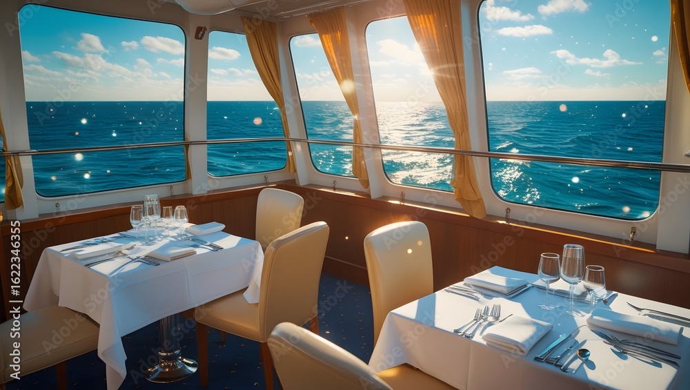Fototapeta premium Serene Oceanview Dining Space Aboard Modern Vessel with Sunlit Tables 