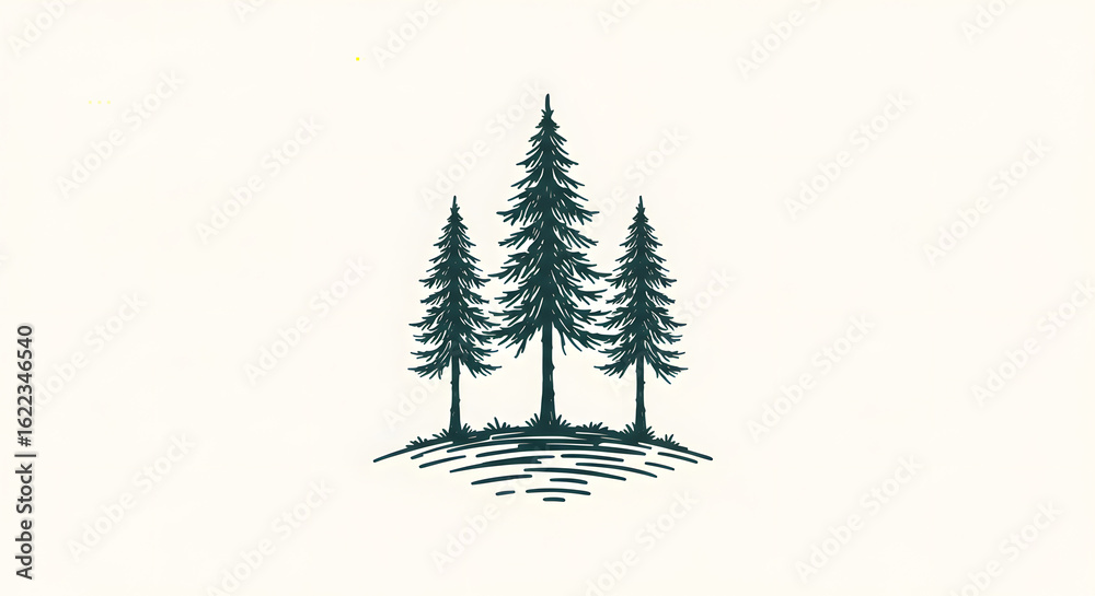 Fototapeta premium Minimalist Illustration of Three Pine Trees on a Curved Ground Line in Monochrome Style