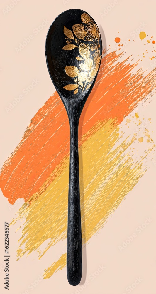 A black wooden spoon with a gold floral design A black wooden spoon with a gold floral design