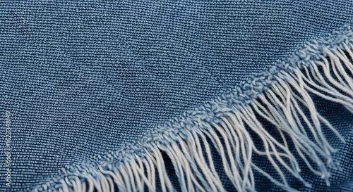Indigo dyed cotton textile with white fringe closeup of woven texture and soft fibers