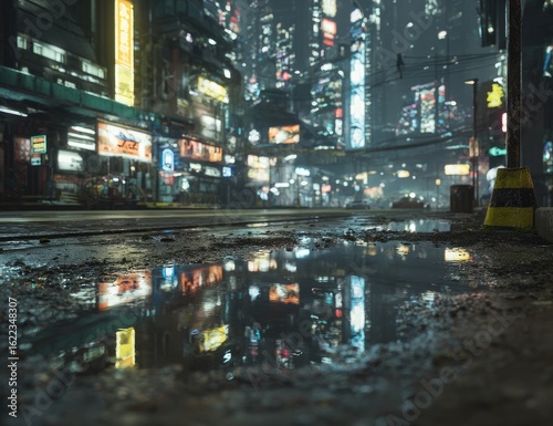 Neon-lit city street at night, reflected in a puddle