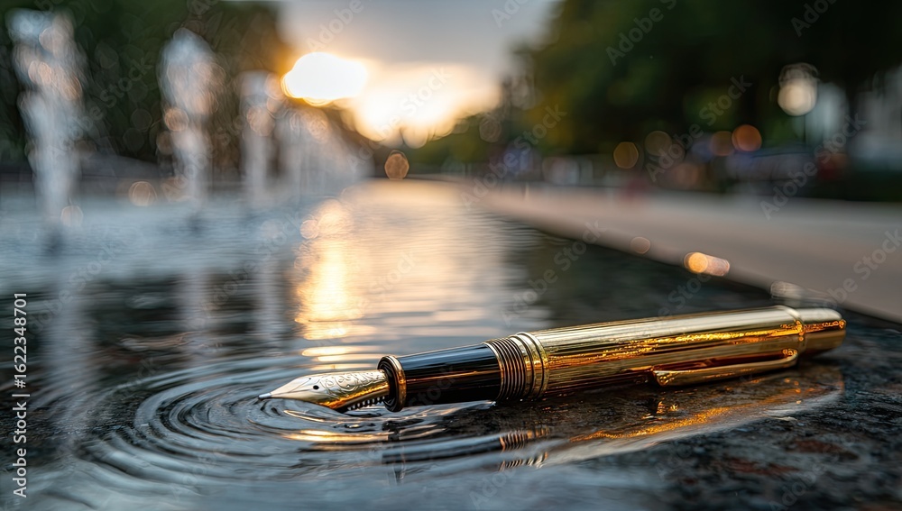 Fototapeta premium Golden fountain pen resting on water, sunlight reflections