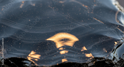 Polished Obsidian Stone with Golden Light Reflections and Subtle Wavy Patterns