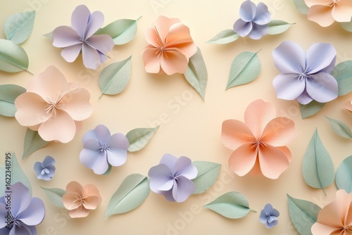 Delicate paper flowers and leaves arranged on a pastel background.