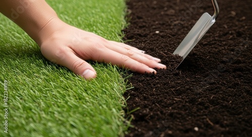 Close up of a person s hand touching artificial turf next to natural soil with a trowel