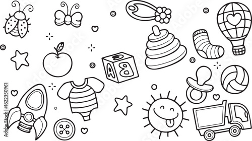 Baby Items Doodle Set – Bib, Pacifier, Toy, Bottle, Diaper, Sun, Child Icon, Cute, Vector, Play, Parenthood, Infant, Baby Shower, Hand-Drawn