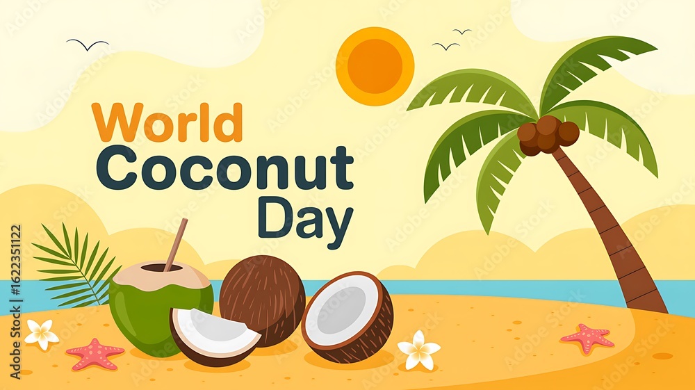 Naklejka premium World coconut day celebration with tropical beach scene and refreshing coconut drink