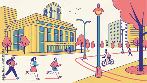 "Colorful Urban Public Space – People Walking, Jogging, and Cycling in a Modern City Square – Vector Illustration"