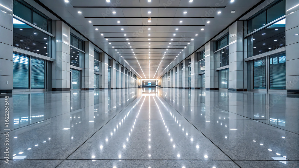 Fototapeta premium Modern airport terminal interior showcasing clean architecture and glossy floors for a futuristic feel