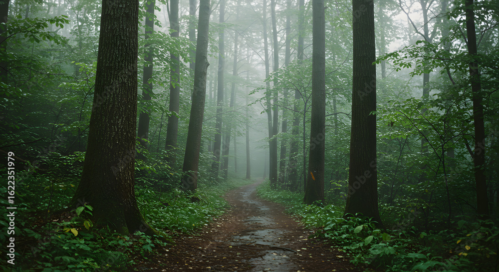 Obraz premium Misty Green Forest Path Surrounded by Tall Trees and Lush Vegetation in Morning Light
