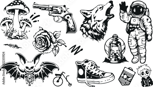 Tattoo Style Ink Art Set – Wolf, Skull, Rose, Snake, Dagger, Tattoo Icon, Vintage, Edgy, Ink, Hand-Drawn, Vector, Blackwork, Traditional Tattoo, Art, Dark, Style, Illustration, Design