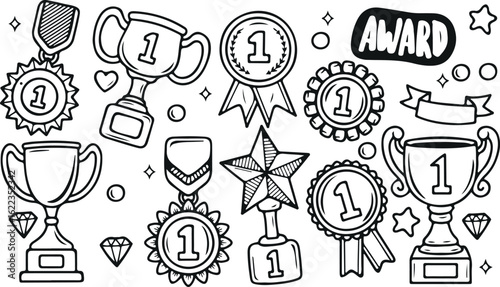 Award Medal and Trophy Vector Set – Winner, Badge, Champion, Achievement, Competition, Sketch