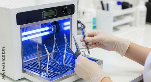 Gloved hands placing medical instruments into a uv sterilization cabinet for disinfection