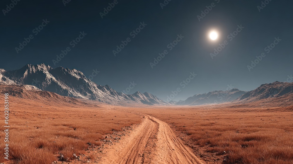 Fototapeta premium Desert road leading to mountain range under bright sun