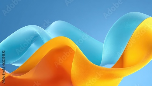 Abstract design with flowing, vibrant orange and light blue ribbons against a light blue backdrop