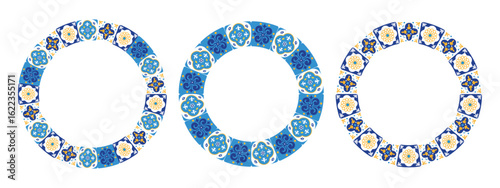 Set of round frames made of Mediterranean ceramic tiles in blue, yellow, and white. Bright ornamental design for summer invitations, wedding templates, travel cards, and digital scrapbooking. Vector.