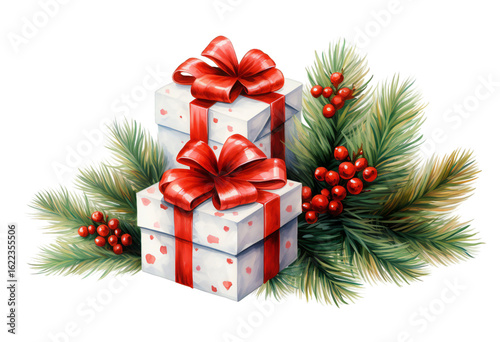 Festive Christmas gifts with red bows and pine branches, watercolor illustration on transparent background