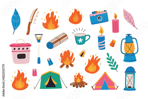 Camping Essentials: A curated illustration of camping gear, perfect for a memorable outdoor adventure, featuring a tent, campfire, and various tools. 