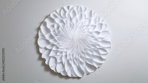 White paper - art flower, with petals spreading layer by layer in a radial shape, set against a simple gray background, showing the delicacy and artistry of paper art, like freezing romance on paper