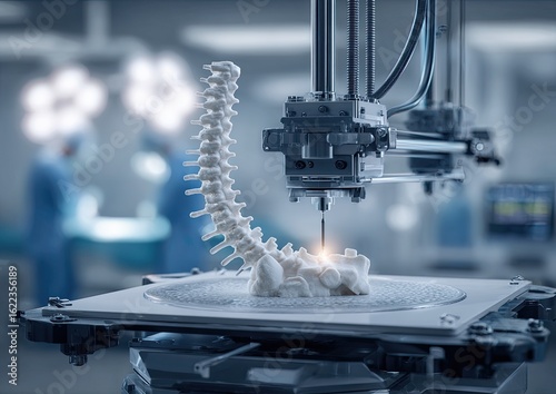 3D printed spinal column in a surgical setting.  A medical 3D printer meticulously creates a detailed model of a spine.  Blurred figures in surgical attire suggest a clinical environment.  