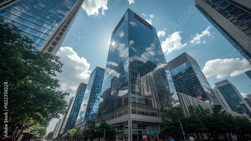 new york city skylineA ground-level view of a modern urban streetscape, with a central, towering glass skyscraper reflecting the bright sun and partially cloudy sky, surrounded by other contemporary o