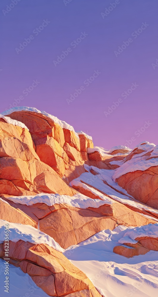Naklejka premium Snowy, peach-toned mountains against a vibrant purple sunset