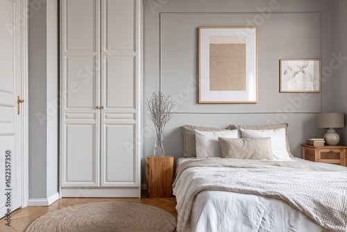 A cozy bedroom with light beige walls and white furnishings