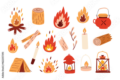 Campfire Essentials: A collection of vibrant illustrations capturing the essentials of campfire and cozy warmth. Elements include a bonfire, kindling, and various flames.