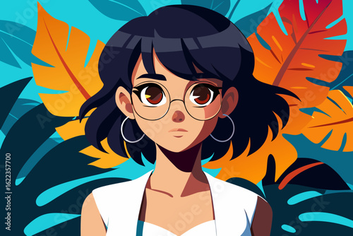 Stylish Young Woman with Glasses in Tropical Background – Colorful Vector Illustration