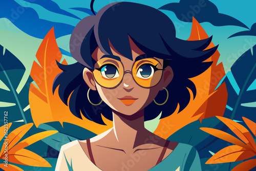 Stylish Young Woman with Glasses in Tropical Background – Colorful Vector Illustration