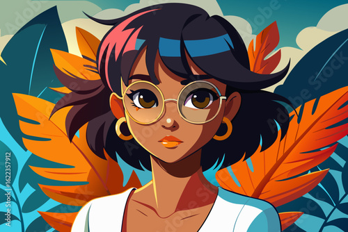 Stylish Young Woman with Glasses in Tropical Background – Colorful Vector Illustration