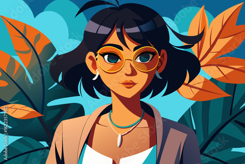 Stylish Young Woman with Glasses in Tropical Background – Colorful Vector Illustration