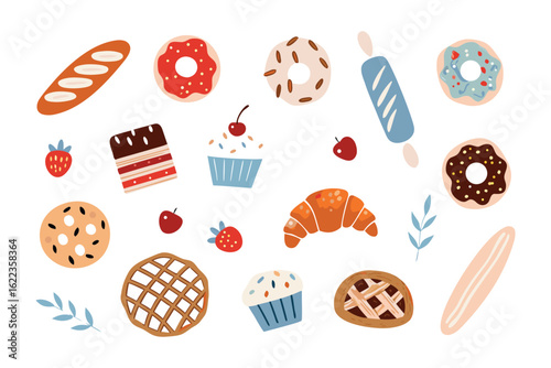 Delicious Pastries Delight: An assortment of mouthwatering pastries and baked goods, arranged in a vibrant and appetizing display.