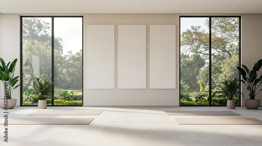 Fototapeta premium Minimalistic modern yoga studio with large windows serene nature view calm environment tranquil space