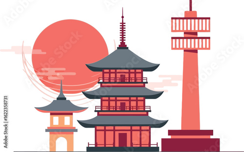 Explore japan travel destinations and japanese architecture vector graphic