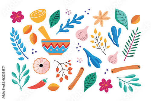 Botanical Culinary: An artfully composed flatlay of colorful botanical elements, including fresh herbs, spices, and a mortar and pestle.