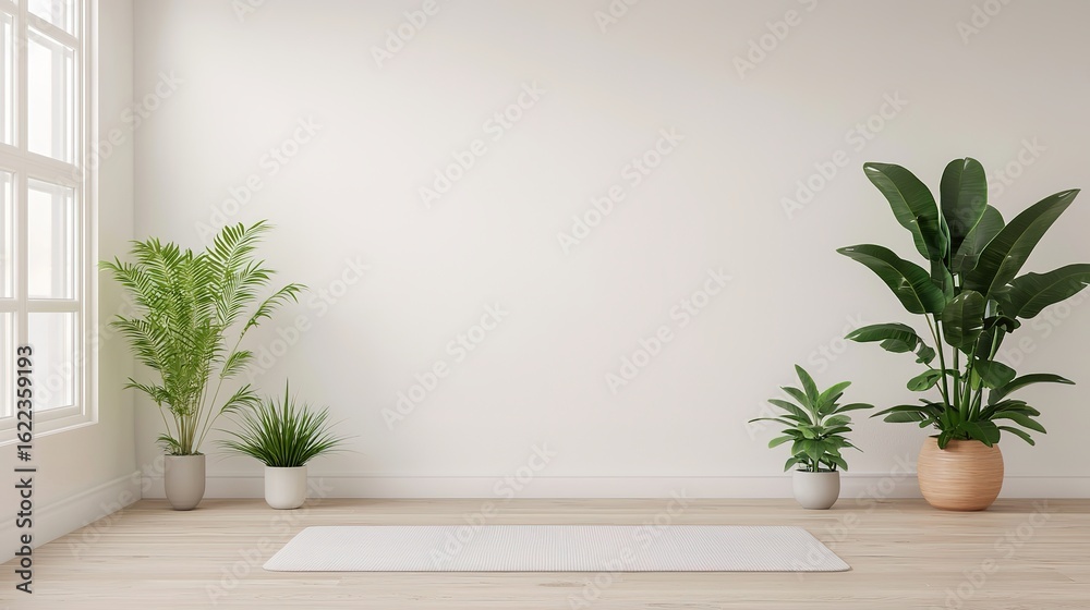 Fototapeta premium Indoor minimalistic yoga setup with mat and plants tranquil environment natural light serene viewpoint