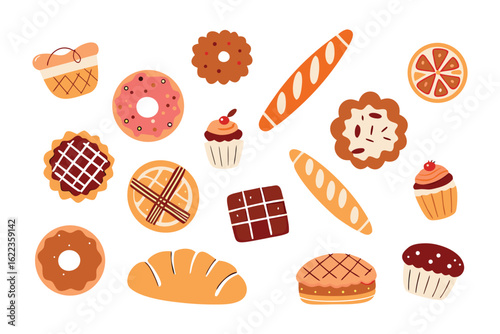 Variety of Baked Goods: A colorful illustration of a delightful assortment of baked goods, featuring cakes, bread, and pastries, perfect for any bakery or dessert-related design.