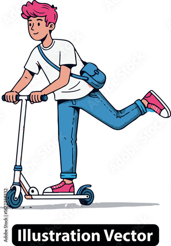 Stylish young man with pink hair happily riding a kick scooter. Vector art of urban mobility.