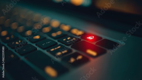A keyboard with a security key on it. The key is yellow and is in the middle of the keyboard