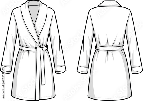 Bathrobe front and back technical fashion sketch, belted robe clothing flat drawing, sleepwear cad template, vector illustration design