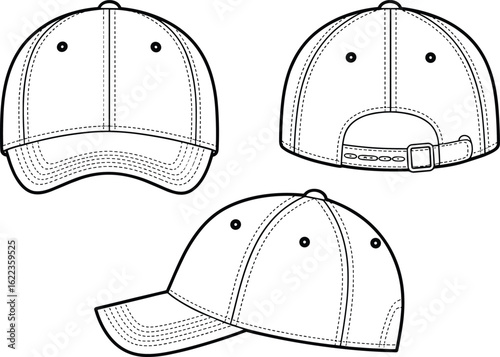 Baseball cap front, back, side view, technical flat sketch, snapback closure, CAD vector drawing, unisex hat design template
